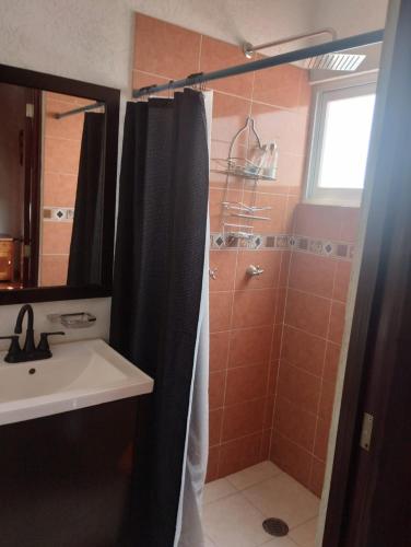 a bathroom with a shower and a sink at Casa Colibrí Ahuatepec Cuernavaca in Cuernavaca