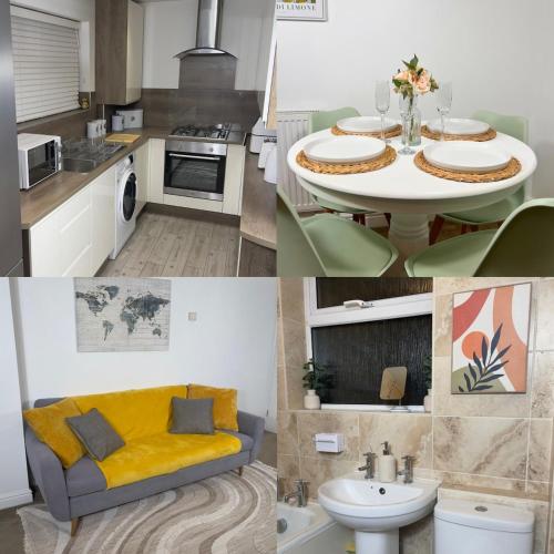 a kitchen with a table and a yellow couch in a room at Long Stay Basildon Essex Business Contractors in Basildon