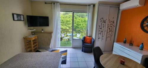 un salon avec une table à manger et une télévision dans l'établissement Studio climatisé à 50 m des thermes, à Amélie-les-Bains-Palalda