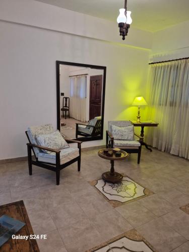 ein Wohnzimmer mit zwei Stühlen und einem Spiegel in der Unterkunft La Churita in San Salvador de Jujuy