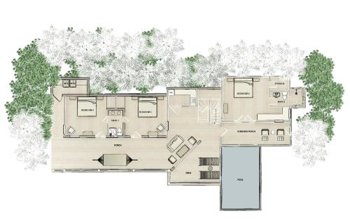 a floor plan of a house at Tropical Pool Villa with Big Views and Lush Gardens in Coral Bay