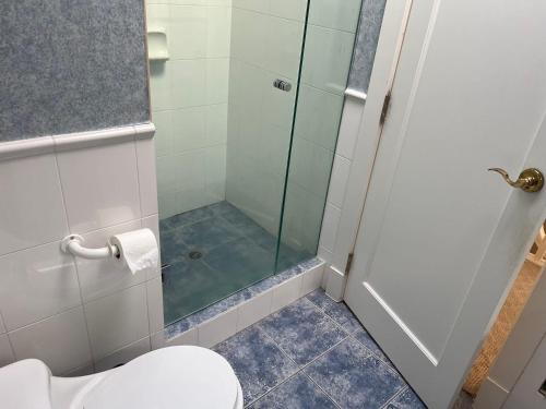 a bathroom with a glass shower with a toilet at Sweet Home in Vancouver