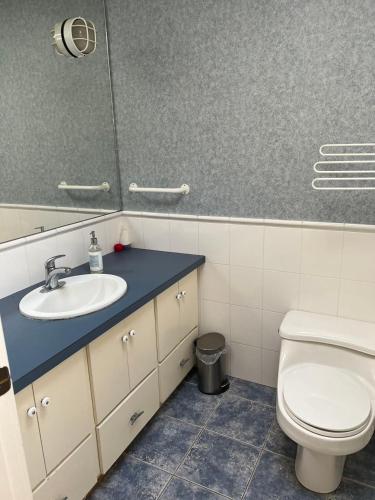 a bathroom with a sink and a toilet and a mirror at Sweet Home in Vancouver