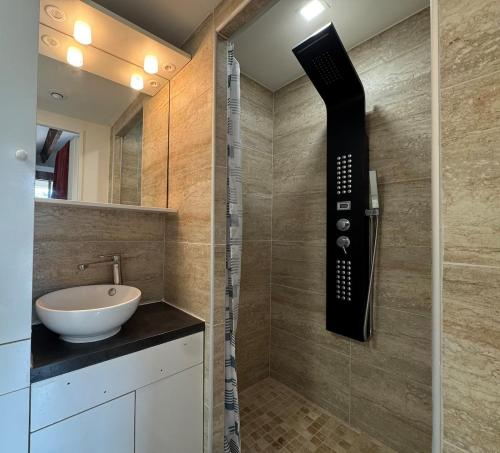 une salle de bain avec un lavabo et une douche en verre dans l'établissement Studio Idéal Festival d 'Avignon, à Avignon