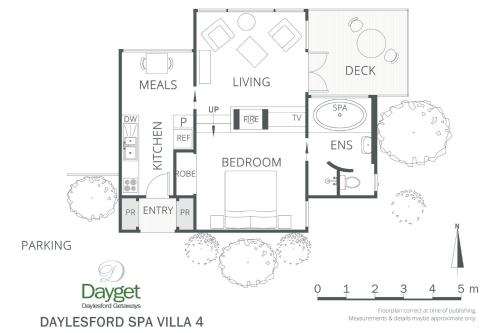 a floor plan of a small apartment with furniture at Daylesford Spa Villa 4 in Daylesford