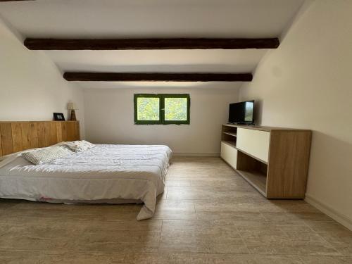 une chambre avec un lit et une télévision dans l'établissement Studio Idéal Festival d 'Avignon, à Avignon