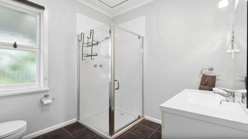 ein weißes Badezimmer mit Dusche und Toilette in der Unterkunft Ashcroft Cottage in Nambucca Heads