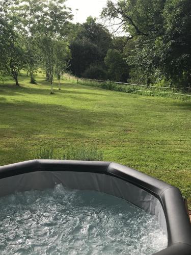 a bath tub filled with water in a field at L'Atelier, Confort, Bain à remous et Nature in Parisot-Tarn-et-Garonne