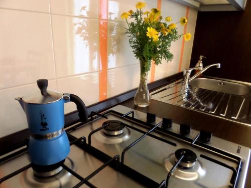 a vase of flowers is sitting on a stove in a kitchen at Nerissa Holiday Apartment Milazzo in Milazzo