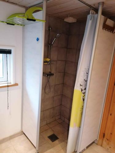 a shower with a shower curtain in a bathroom at Cozy Summer House By The Beach And Forest in Haderslev