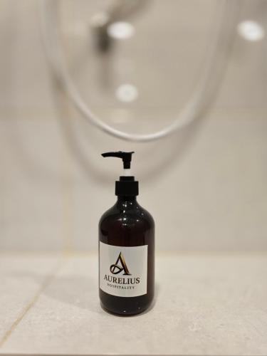 a black soap bottle sitting on a bathroom counter at Seko Suites by Aurelius Chow Kit in Kuala Lumpur