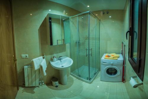 a bathroom with a shower sink and a washing machine at Apartamento La Rueda in Olite