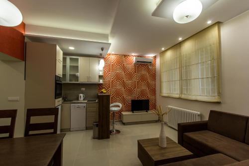 Apartments Jevremova في بلغراد: غرفة معيشة مع أريكة ومطبخ