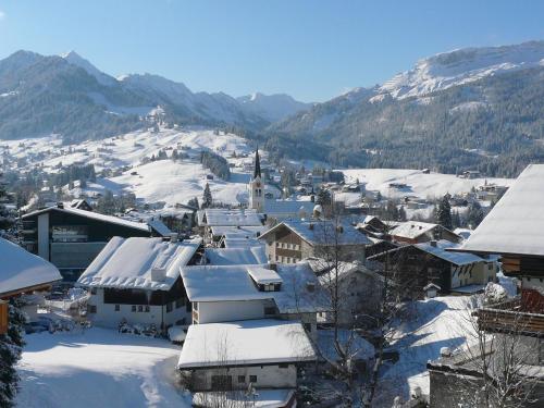 a town covered in snow with mountains in the background at Denninger's Ferienhäusle in Riezlern