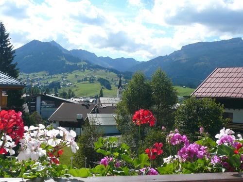 a view of a city with flowers and mountains at Denninger's Ferienhäusle in Riezlern