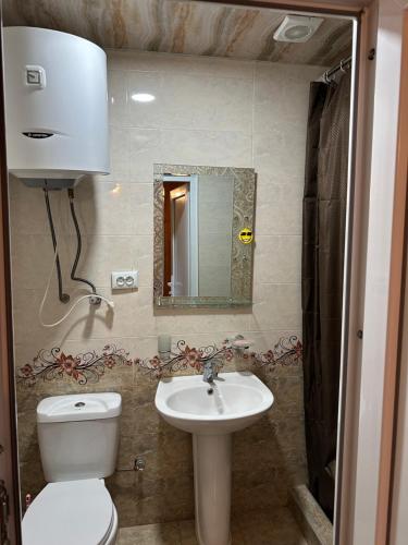 a bathroom with a toilet and a sink and a mirror at Sunset Krikhi in Ambrolauri