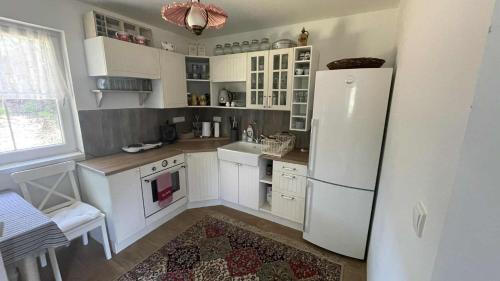 a kitchen with white cabinets and a white refrigerator at Chata Družec in Družec