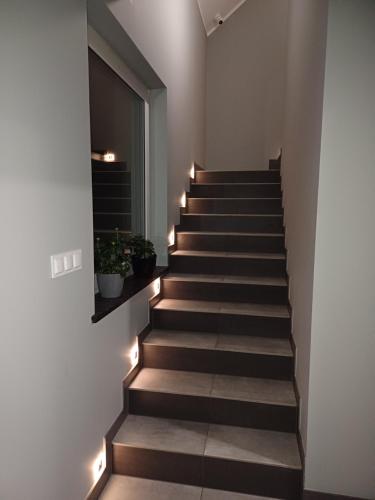 a staircase with lights on the side of a building at Noclegi u Wilka in Chorzelów