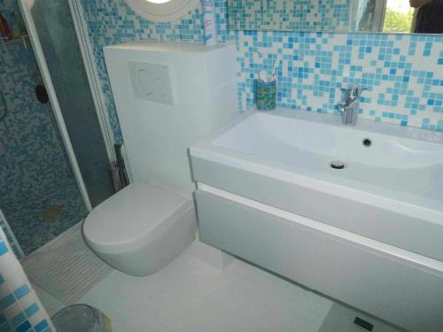 a bathroom with a white toilet and a sink at Sur la plage in Lumio