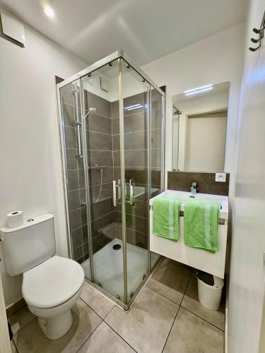 une salle de bain avec toilettes et douche en verre dans l'établissement Studio #8 climatisé à 10 min des plages, à Perpignan
