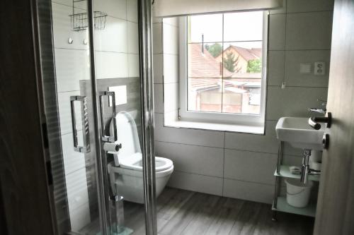 a bathroom with a toilet and a sink and a window at Penzion Kometa - rodinný pobyt u Novomlýnských jezer s komfortem, restaurací a dětskou zónou in Pasohlávky