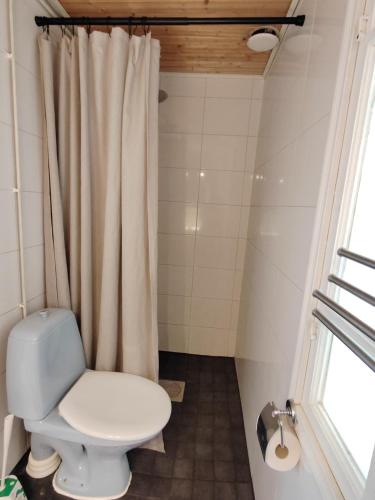 a bathroom with a toilet and a shower curtain at Väentupa in Kaarina