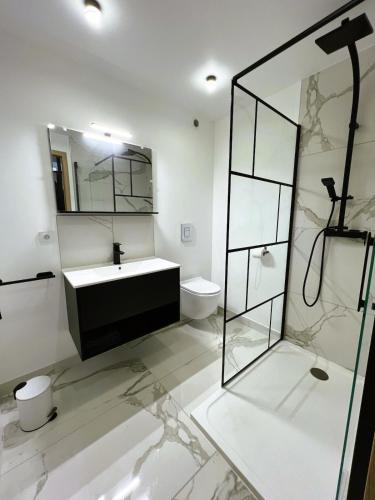 une salle de bain blanche avec un lavabo et des toilettes dans l'établissement Suite Ma Bohème, 4pers Chic et atypique, à Charleville-Mézières