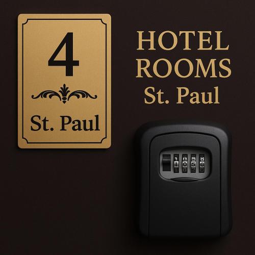 a sign that says hotel rooms st paul next to a wall at Hotel Rooms St Paul Central Plovdiv Self Check-in Budget Stay in Plovdiv