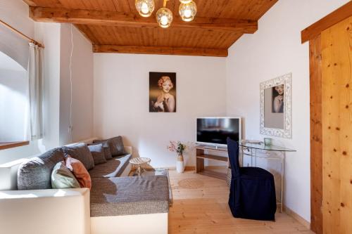 a living room with a couch and a tv at Jagerhof am Sonnenplateau in Mariastein