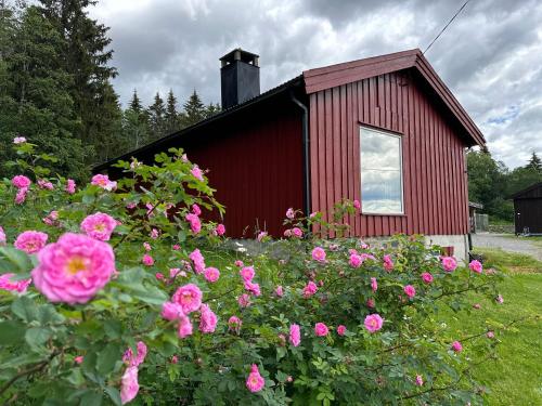 a red building with flowers in front of it at Cabin with great view close to town and ski area in Lillehammer