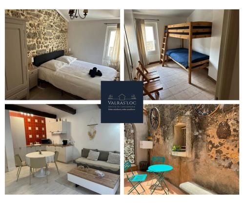 a collage of pictures of a bedroom and a room at Maison de Village Portiragnes in Portiragnes