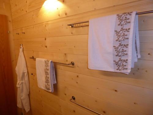 a bathroom with two towels hanging on a wooden wall at Appartement Bergrose in Hopfgarten im Brixental