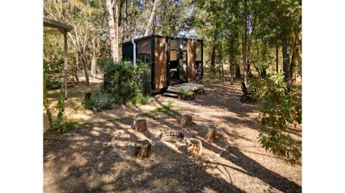 a group of squirrels standing around a cabin in the woods at Manna Gum Retreat by Tiny Away in Allansford