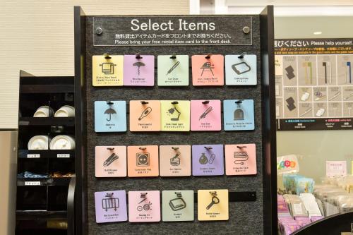 a display case withlabel items on it in a store at Sanco Inn Tsu Ekimae in Tsu