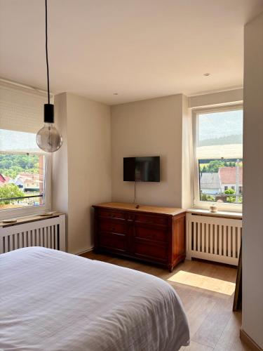 a bedroom with a bed and a flat screen tv at Appartement de 40m2 avec suite in Wimmenau