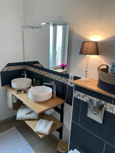 a bathroom with a sink and a mirror at Gîte l'Ecole Buissonnière in Saligny-sur-Roudon