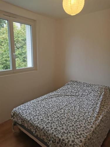 une chambre avec un lit dans une pièce avec deux fenêtres dans l'établissement appartement 2 chambres, à Draguignan