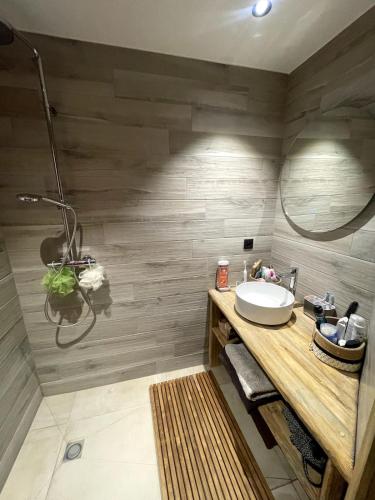 une salle de bain avec un lavabo et un miroir dans l'établissement Méribel Village Luxury Apartment, à Les Allues