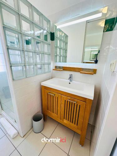 une salle de bain avec un lavabo et un miroir dans l'établissement L'Ancre de Royan - clim, plage à pied, 6pers, à Royan