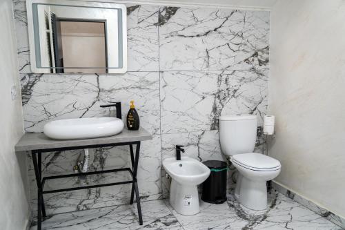 a bathroom with a toilet and a sink and a mirror at Bogdan Premium Suites - Targu Jiu in Târgu Jiu