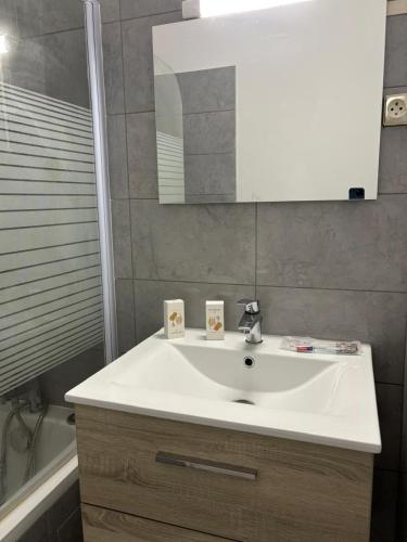 une salle de bain avec un lavabo blanc et un miroir dans l'établissement Superbe grand studio, parking, à Saint-Priest