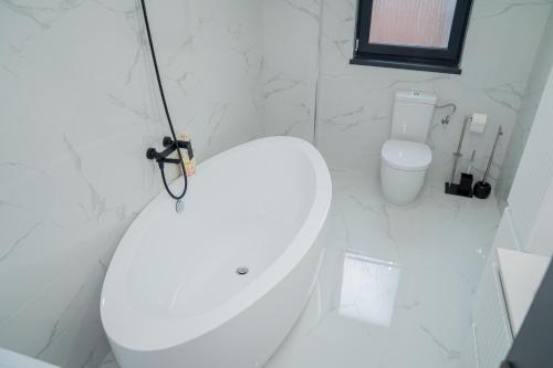 a white bathroom with a toilet and a sink at Bogdan Premium Suites - Targu Jiu in Târgu Jiu