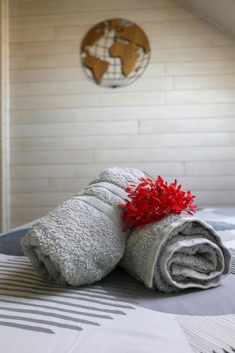 a towel with a red flower on top of a bed at KETYA Duplex Mabouya OU Studio Hamac in Le Gosier