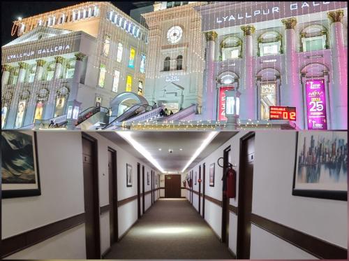 two pictures of a hallway in a building at Lyallpur Galleria Mall Apartment, 1 BHK, 1 Bedroom with Living Room, Basement Parking, 24x7 Security in Faisalabad