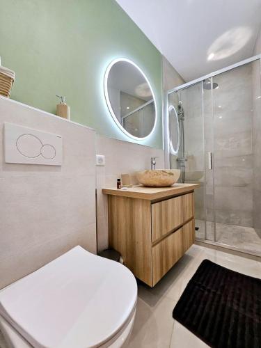 a bathroom with a toilet and a sink and a mirror at Le Championnet - Proche du Port in Antibes