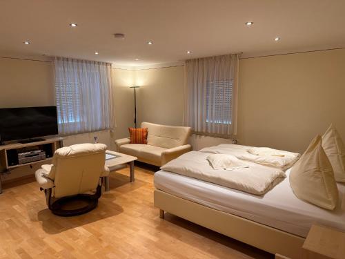 a bedroom with a bed and a chair and a television at Engelhard Das Landhotel Garni in Kirchheim am Ries