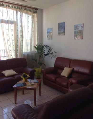 a living room with brown leather couches and a table at Hotel Lungomare Brancaleone in Brancaleone Marina