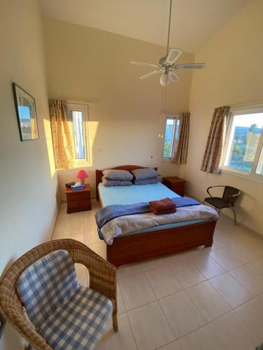 a bedroom with a bed and a chair and windows at Poolside Escape - Polis in Polis Chrysochous