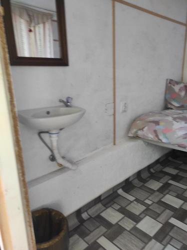 a bathroom with a sink and a bed at Pensiunea agroturistica Casa Sirca in Boghiş