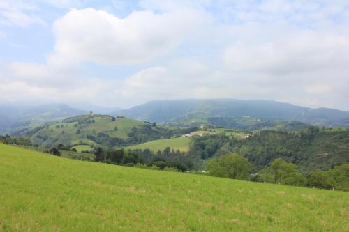 a green field with mountains in the background at Agroturismo Pagoederraga in Orio